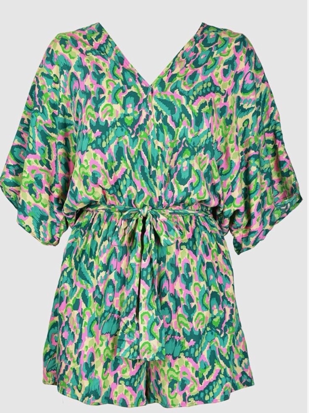 Cupshe Green & Pink V-Neck Tie-Waist Romper